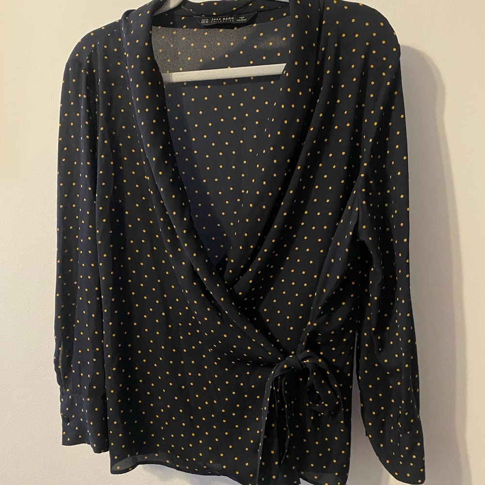Zara Black and Tan Polka Dot Wrap Top size XL